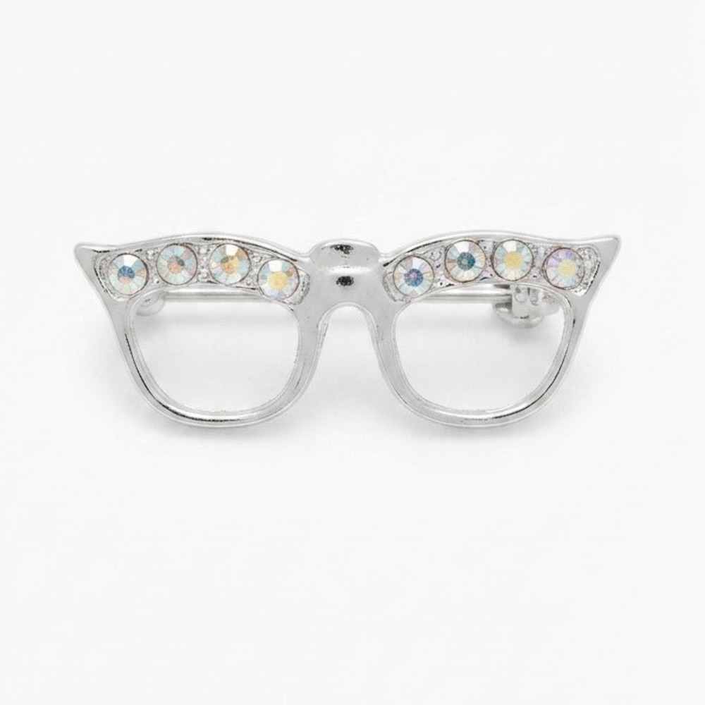 Vintage Silver Tone Cat Eye Glasses Brooch Aurora Borealis Rhinestone Retro Pin